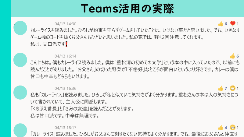 Teamsで配信した学級通信をきっかけに児童が感想を投稿し、コメントや「いいね」がつけられるなど、課題ではないところで自然にやりとりが発生した