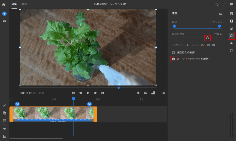 右サイドの調整ツール群から［速度］を選んで、250％の速さに設定