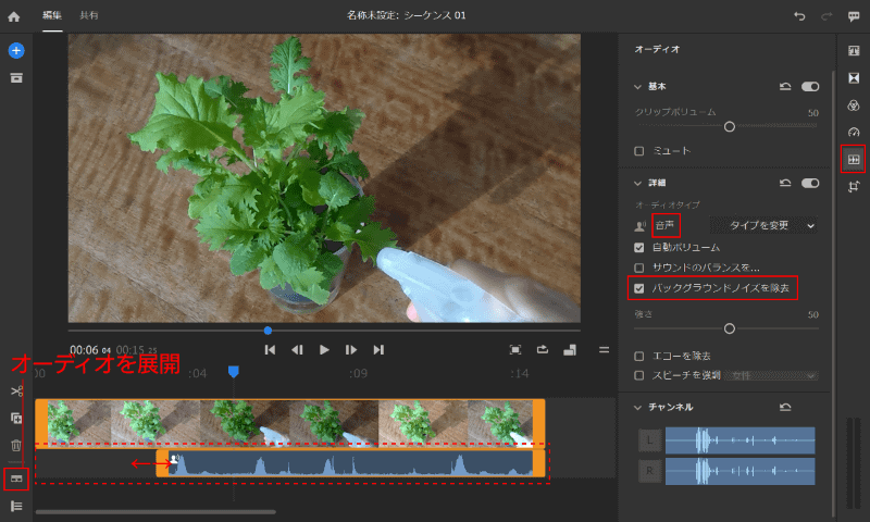 画面左下の［オーディオを展開］ボタンで表示を切り替えると、動画の音声部分だけを編集しやすくなる。オーディオタイプを［音声］にすると「バックグラウンドノイズを除去」が選べる