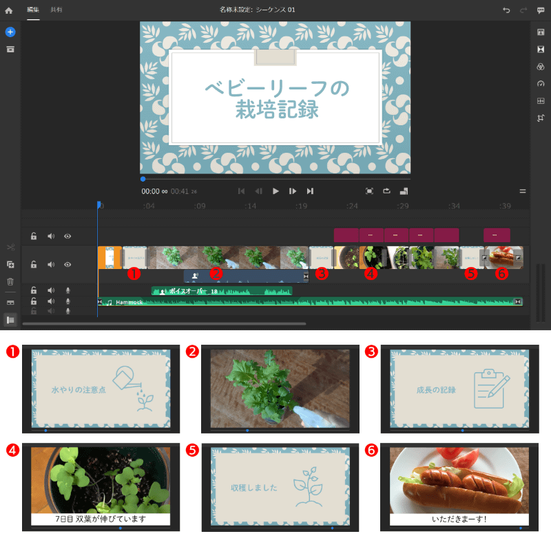 PowerPointで作ったタイトルスライドなどを画像で保存してタイムラインに追加。BGMを全体に伸ばし各種編集をして動画が完成した