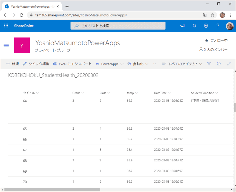 入力したデータは自動的にSharePointのリストに保存される仕組み。SharePointのデータは日に1回、担当の教員がエクセル形式で取得し、校内の共有フォルダに保存する