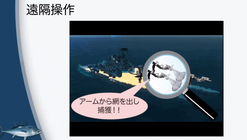 マグロ漁師の減少、他国の漁参加による捕獲量の減少、マグロの乱獲による個体数の減少などの課題に注目し、マグロ漁の遠隔操作化を提案。マグロの安定共有をめざすビジネス
