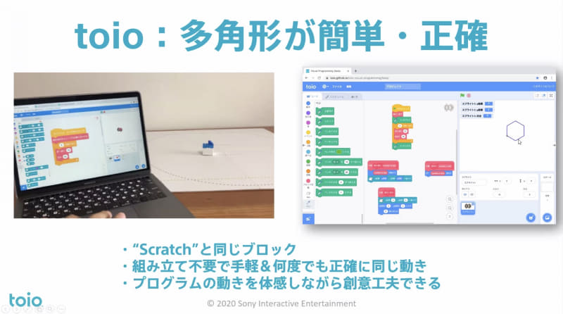 「toio」は最新の技術を活用することで、現実世界のロボットで画面と同じことがでるきようになっている。学習指導要領に例示されている算数の「多角形を描く」場合でも、その「正確さ」が生かされる