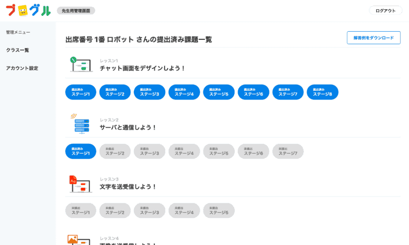 「先生」（管理者）からみた「生徒」（出席番号1／ニックネーム：ロボット）の学習進捗画面