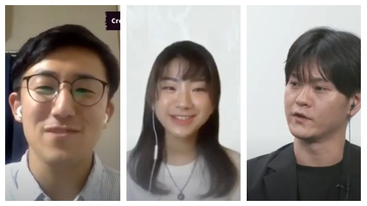 写真左より）岩本雄也氏（社会人3年目。ITおよび製造業、芝浦工業大学卒業）、町あゆみ氏（社会人1年目広告、早稲田大学商学部卒業）、原渓太氏（社会人10年目。IT機器メーカーからアドビ、同志社大学卒業）