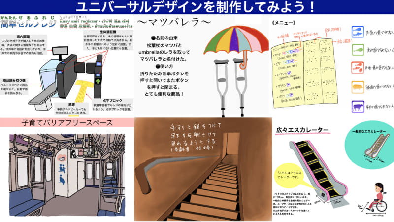 ユニバーサルデザインについて学ぶ学習では生徒たちが絵を描いてプロダクトをデザインした