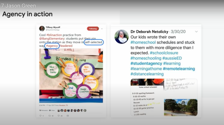 「Work with teacher」「iPad」「Chromebook」「Work with friends」など、さまざまな学習スタイルが書かれたプレートを子どもたちが選ぶ（写真左）。子どもたちが1日の過ごし方を自分で決める例（写真右）