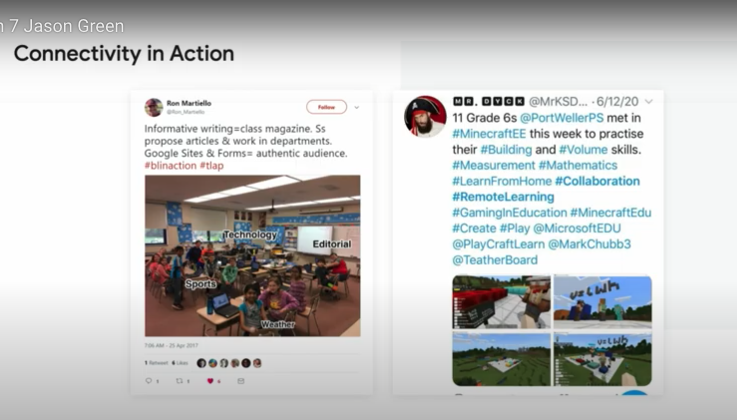 クラスみんなでひとつの雑誌を制作する活動（写真左）。マインクラフトを使ってオンライン上で数学の協同学習を実施（写真右）