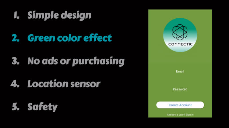 アプリ「CONNECTIC」は災害に特化したシンプルなデザインで、心理的に落ち着けるグリーンにするなど、UIデザインにもこだわった