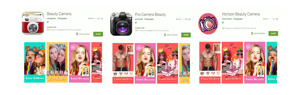 Google Playで確認された不正なカメラアプリ（2019年1月30日時点でGoogle はすでにこれらの不正アプリをGoogle Playから削除済み）