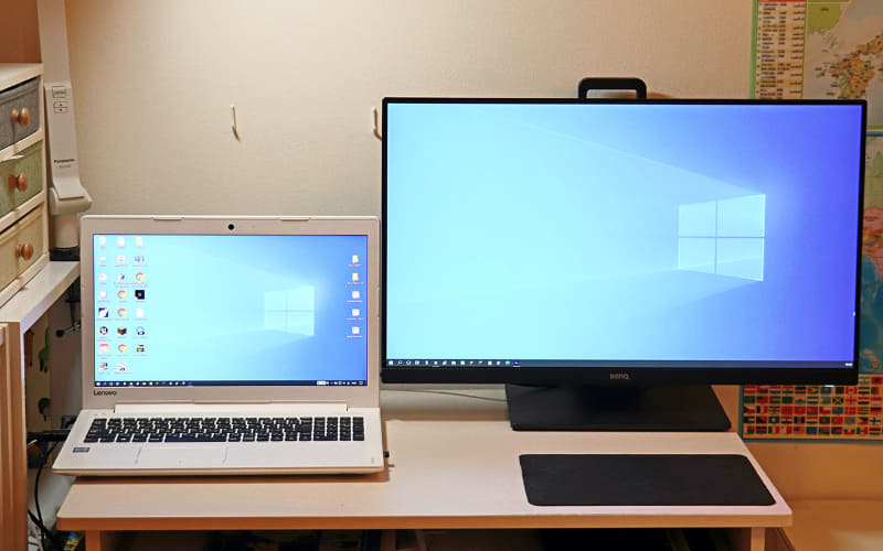 オンライン学習のときはノートPCのカメラを使うことが多いため、OS側の設定で表示画面を「拡張」する表示スタイルが便利