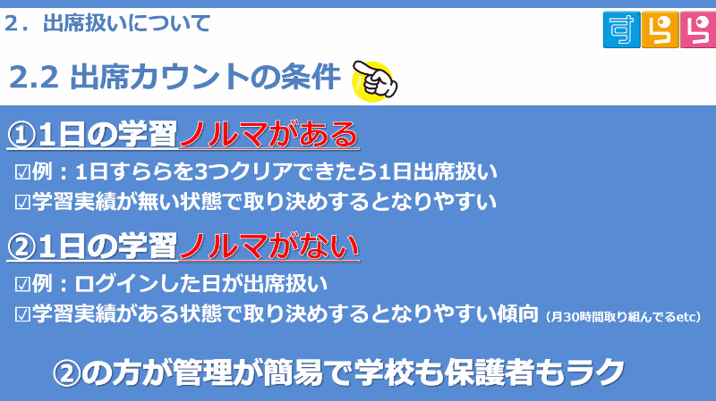 各学校でルール決める「出席カウント」は、1日の学習ノルマを設けている学校と、そうでない学校がある