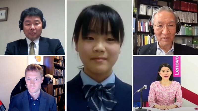 渋谷教育学園幕張高等学校教諭 後藤 聡氏（写真左上）、レノボ・ジャパン合同会社代表取締役社長 デビット・ベネット氏（左下）、渋谷教育学園幕張高等学校1年 立崎乃衣さん（真ん中）、千葉工業大学未来ロボット技術研究センター研究員 富山 健氏（右上）、NPO法人CANVAS代表／慶應義塾大学教授 石戸奈々子氏（右下）