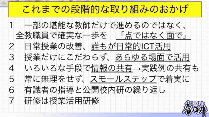 ICT活用を促進した取り組みについて、７つの要因があると紹介
