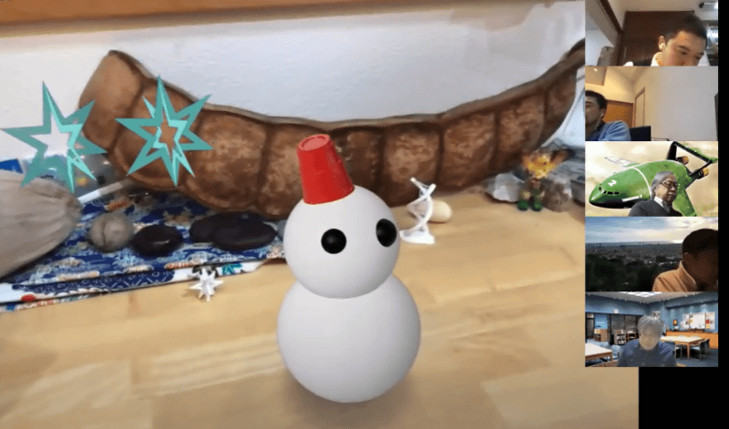 完成した雪と雪だるまのARコンテンツ。再生すると雪が降る