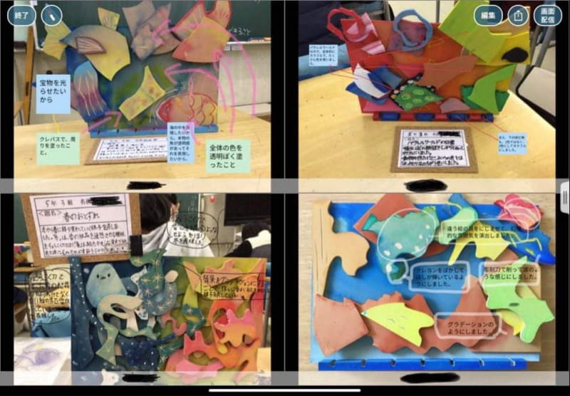 図工の作品鑑賞では、友達が作った作品の実物を見た後に、工夫したポイントが書き込まれた写真をロイロノート・スクールで共有して、もう一度鑑賞。ここで新たな気づきが生まれると中島教諭