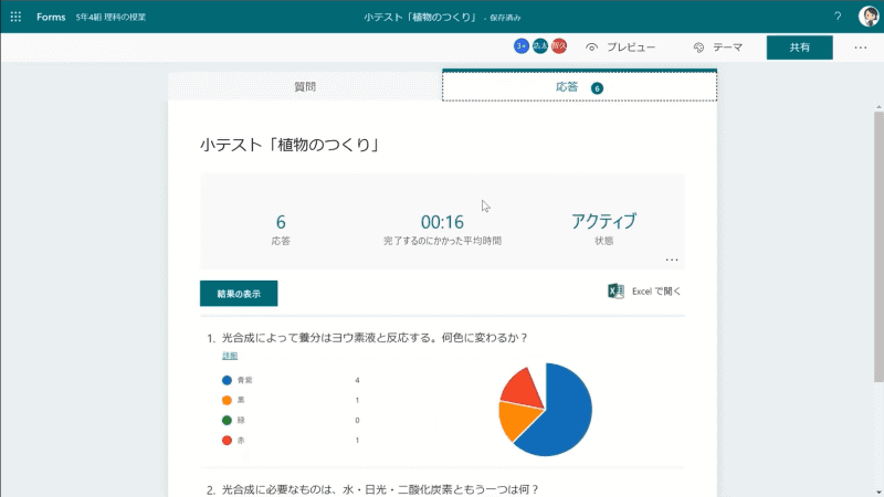 回答も瞬時に集計され、結果は円グラフで表示。一人ひとりの回答も確認できる