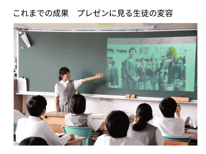 1年生の英語の授業で、スライドを使って小学校の卒業式の様子や自己紹介を行う生徒の姿
