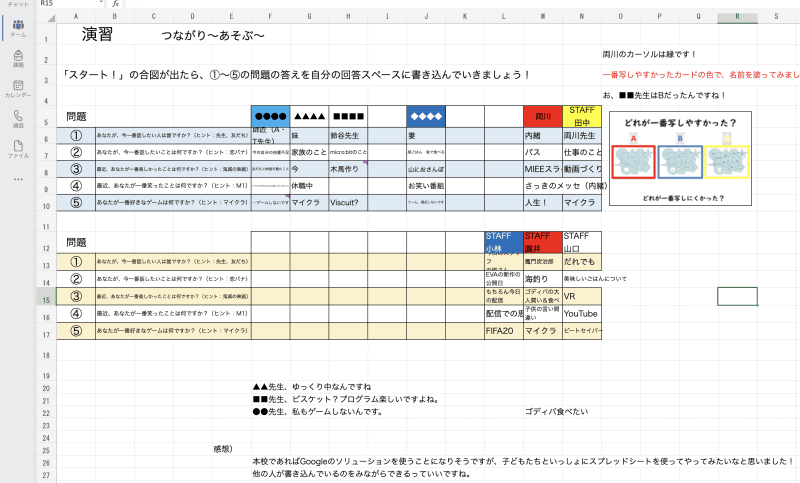 Excelを使った共同編集で「つながる」を場面を披露。アンケートを取る方法もひとつであるが、全員の答えが見えることでコミュニケーションが広がると両川氏