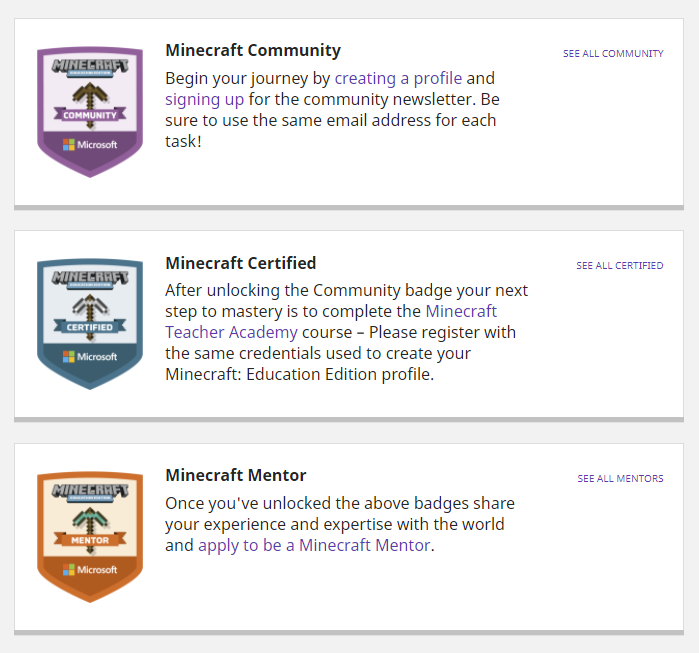 教育版マインクラフトの普及をめざして、サポーターに用意された3種類のバッジ（写真は公式サイトより）