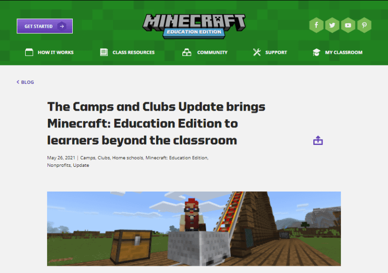 「<a href="https://education.minecraft.net/blog/the-camps-and-clubs-update-brings-minecraft-education-edition-to-learners-beyond-the-classroom" class="n" target="_blank">The Camps and Clubs Update</a>」のブログページ（写真は公式サイトより）