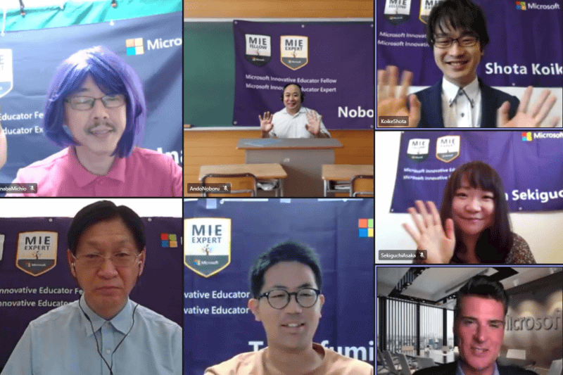 （写真左側）大阪府立堺聴覚支援学校 稲葉通太教諭、愛知県新城市立鳳来寺小学校 鈴木英之教諭、 （写真真ん中）青山学院中等部 安藤昇氏、愛知県江南市立西部中学校 岩田智文教諭、（写真右側）東京学芸大学附属小金井小学校 小池翔太教諭、埼玉県立特別支援学校さいたま桜高等学園 関口あさか教諭、Microsoft 米国本社 教育部門VPアンソニー・サルシト氏
