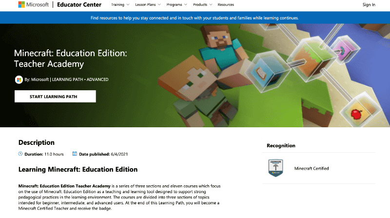 Minecraft Education Edition Teacher Academyのページ