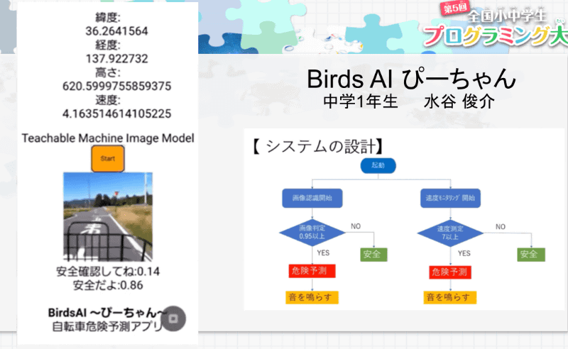  長野県・信州大教育学部附属松本中1年　水谷俊介さん「Birds AI ぴーちゃん」。夕方や逆光など日差しの影響を受けて誤反応することもあるため、さらにAIに画像を学習させているという