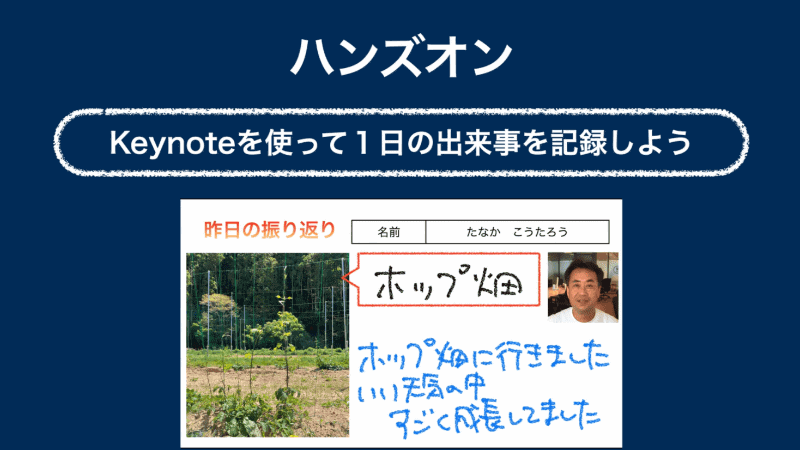 完成形のイメージ。「Keynote」のスライドを振り返りシートとして作成し、児童生徒が入力できるようにする