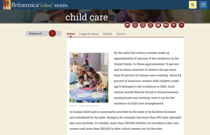 Britannica Schoolをブラウザーで開いた「Child care」のページ
