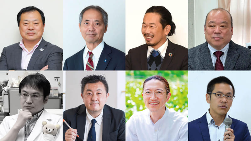 写真上段左より、平井聡一郎氏（合同会社未来教育デザイン)、森田哲氏（近畿大学附属小学校 校長）、外山宏行教諭 （近畿大学附属小学校）、反田任教諭 （同志社中学校）、写真下段左より、乾武司教諭 （近畿大学附属高等学校）、品田健教諭（聖徳学園中学校・高等学校）、海老沢穣氏 （一般社団法人SOZO.Perspective）、土井敏裕氏（株式会社Doit）