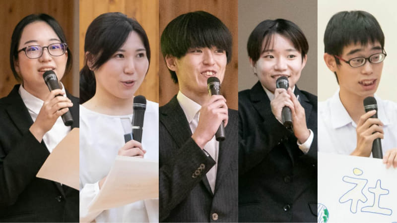 山江村のICT教育を受けて育った子どもたちの今の姿。写真左より、西愛美さん、獄本いづみさん、渕田憲人さん、渡邊百花さん、蕨野悠聖さん