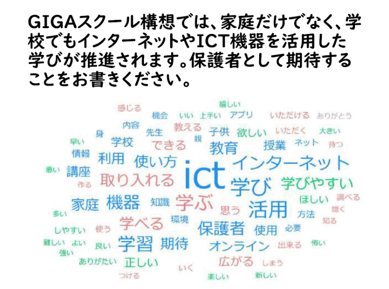 GIGAスクール構想でICTを活用した学びに対する、保護者の意見をテキストマイニング。期待の声や前向きな単語が多く見られた