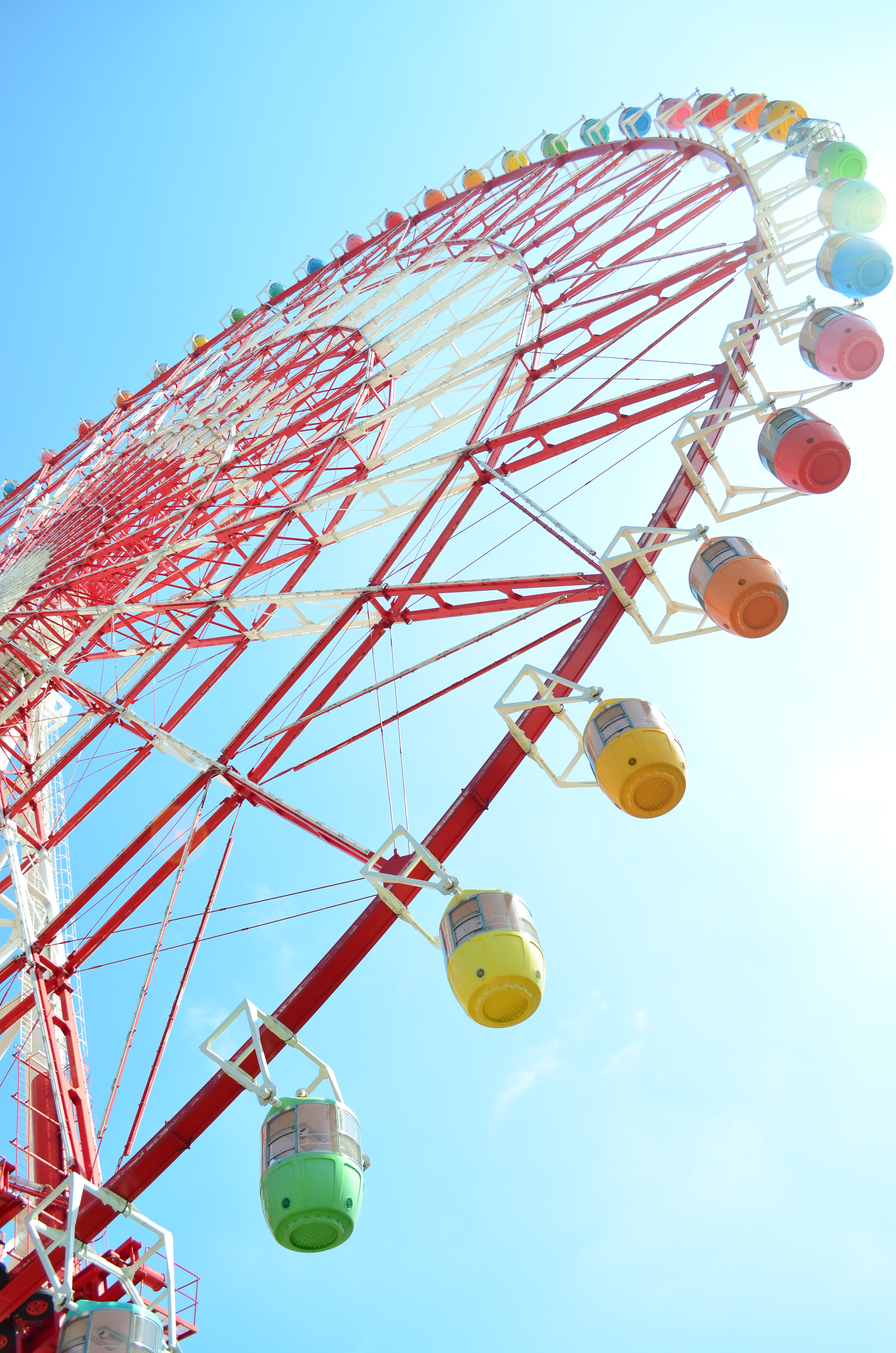 広角端（焦点距離18mm）で近付いて撮影■絞り優先ＡＥ（Ｆ4.5）/ISO400/WBオート/+1.7EV/ピクチャーコントロール：ビビッドカラフルな観覧車の真下から見上げるように撮影。観覧車の大きさとカラフルさ、太陽のまぶしさをリアルな思い出として残すことができました。