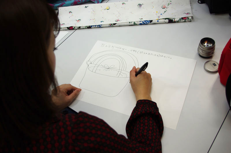 周囲から絶賛の嵐が巻き起こった（？）巾着型バッグ。ていうか、香織さん、絵が上手です