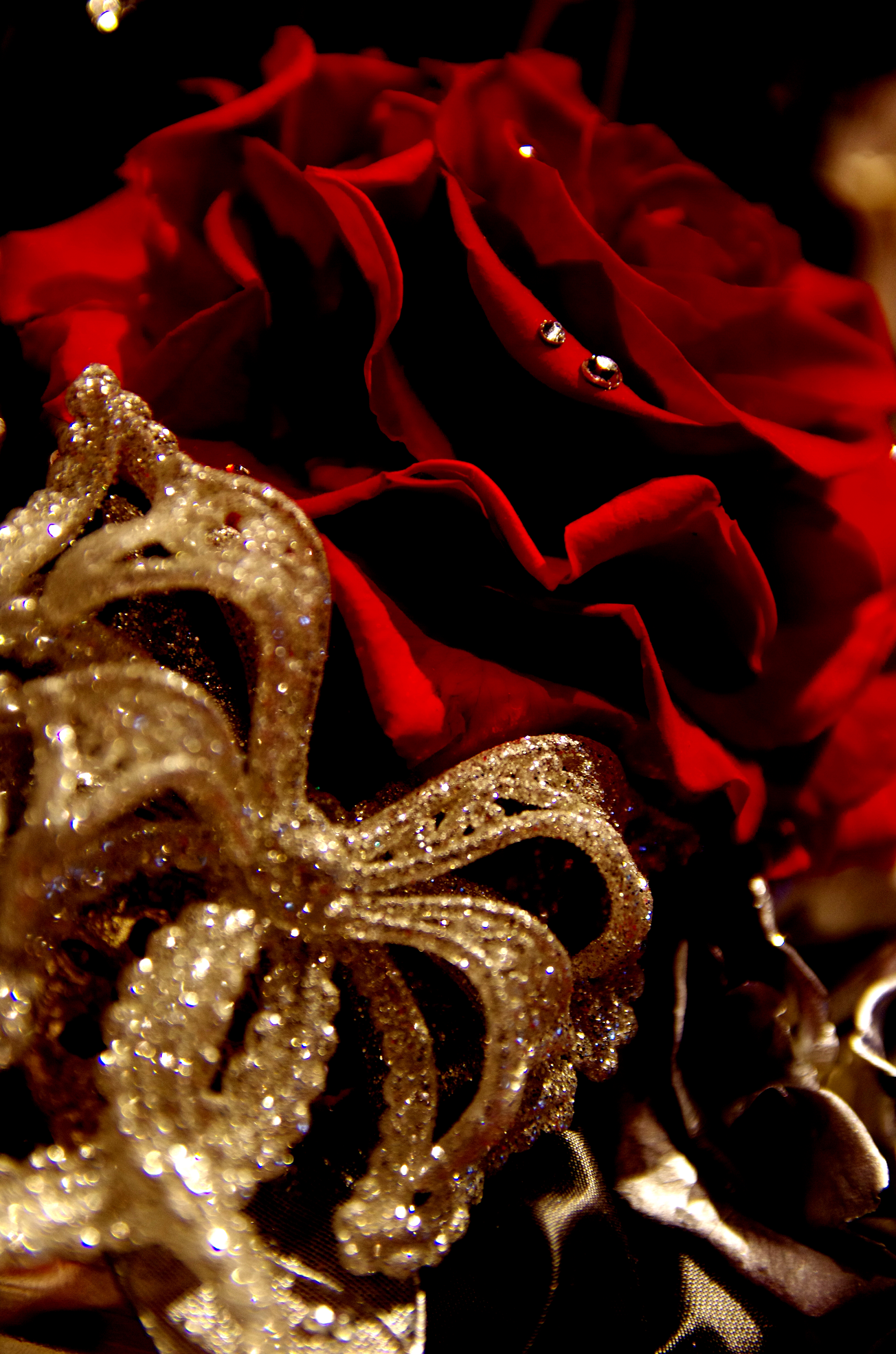 ■PENTAX K-5/SIGMA 17-50mm F2.8 EX DC OS HSM/絞り優先AE（F2.8）/ISO800/WBオート/-1EV/画像仕上：鮮やか（コントラスト+1、シャープネス+1）/デジタルフィルター：ハイコントラスト真紅のバラときらきらリボンのオブジェを下から見上げるように撮影。メリハリを出したいので画像仕上げを鮮やかにし、さらにデジタルフィルターのハイコントラストを掛けました。露出はバラの花びらの影がくっきり出るようにマイナス補正。