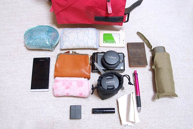 パンケーキレンズ付きのマイクロフォーサーズ機と交換レンズ1本に加え、お財布やポーチ、スマートフォン、ハンカチ、ティッシュケース、メモ帳などを入れてみる