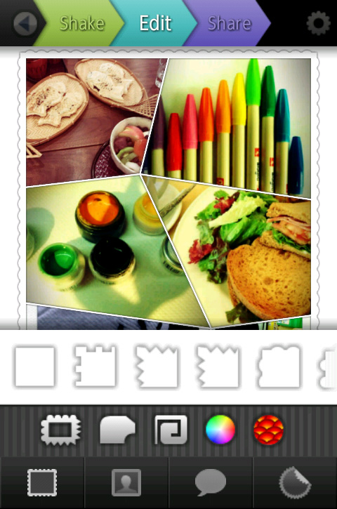フレームの種類も10種類と豊富。色はドットやストライプ、木目調など200以上の色柄があり、多彩なデコレーションが可能です。各機能のアイコンも分かりやすいので、自分のしたいことをタップしていけばOK！