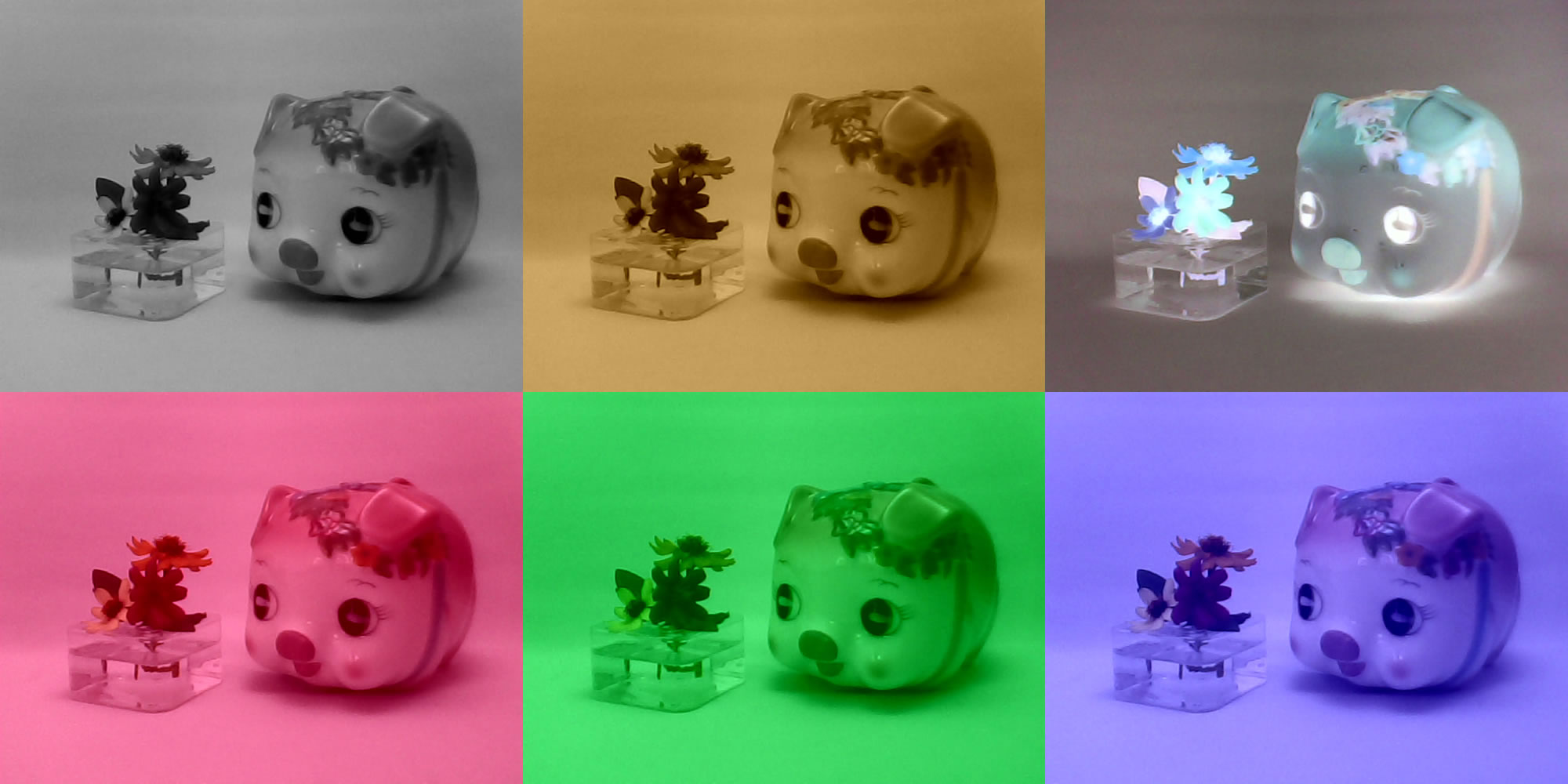 カラー効果。左上から、白黒、セピア、ネガ、赤、グリーン、青