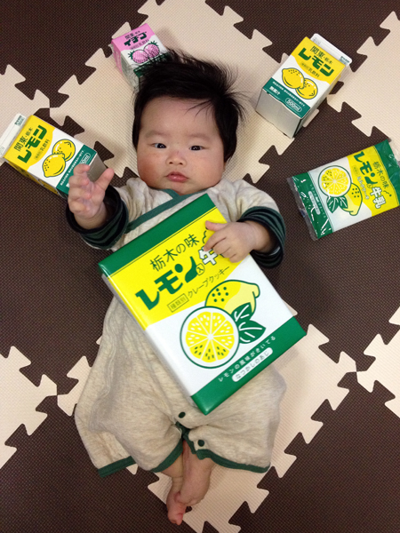 栃木のお土産「レモン牛乳」と「イチゴ牛乳」とパチリ。クッキーの箱が意外と軽かったので胸に置いたらちゃんと抱いてくれました