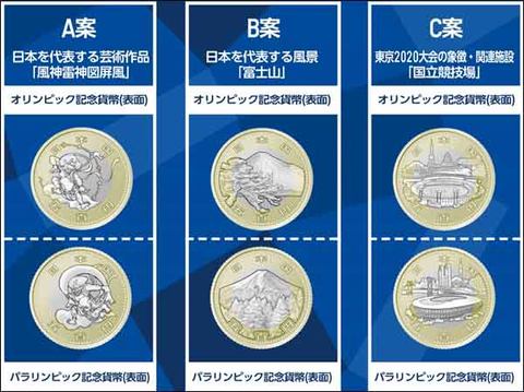 東京五輪記念五百円硬貨は 投票 で図柄が決まる 雷神 富士山 国立