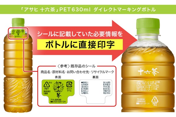 飲んだあとのペットボトル アサヒ飲料、完全ラベルレスペットボトル。レーザーマーキングで直接