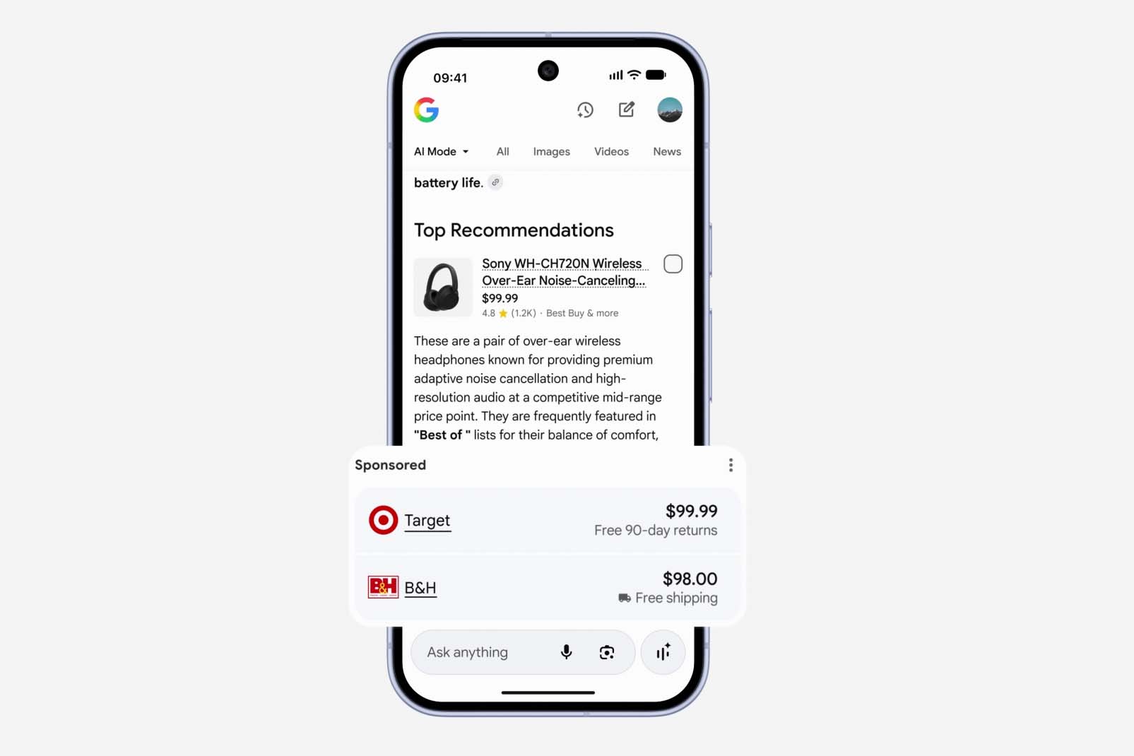 グーグル、AIモード検索に新型広告 関連ある商品を「スポンサード