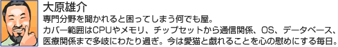 大原雄介　専門分野を聞かれると困ってしまう何でも屋。カバー範囲はCPUやメモリ、チップセットから通信関係、OS、データベース、医療関係まで多岐にわたり過ぎ。今は愛猫と戯れることを心の慰めにする毎日。