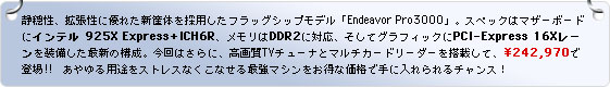静穏性、拡張性に優れた新筐体を採用したフラッグシップモデル「Endeavor Pro3000」。スペックはマザーボードにインテル 925X Express+ICH6R、メモリはDDR2に対応、そしてグラフィックにPCI-Express 16Xレーンを装備した最新の構成。今回はさらに、高画質TVチューナとマルチカードリーダーを搭載して、\242,970で登場!!　あやゆる用途をストレスなくこなせる最強マシンをお得な価格で手に入れられるチャンス！
